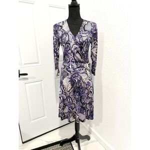 Cache Purple Snake Print Wrap Dress Size M Gold Buckle Animal Print Y2K